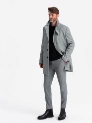 Wzorzysty jednorzędowy męski płaszcz z kieszeniami – szary V3 OM-COWC-0108 - XXL. Szare płaszcze męskie Ombre Clothing, l, bez wzorów, z materiału, klasyczne. Za 317.99 zł.