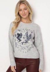 Jasnoszary Sweter z Ozdobnym Haftem z Przodu Minavira. Szare swetry klasyczne damskie Born2be, uniwersalny, z jeansu, bez kołnierzyka. Za 159.99 zł.
