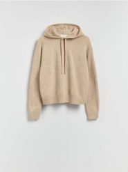 Wełniany sweter z kapturem - beżowy. Brązowe swetry klasyczne damskie Reserved, l, z dzianiny, bez kołnierzyka. Za 229.99 zł.