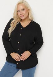 Czarna Bluzka z Ozdobnymi Guzikami i Kieszonką Ilavinna. Czarne bluzki damskie Born2be, xl, bez wzorów, z jeansu, eleganckie, bez kołnierzyka, bez ramiączek. Za 69.99 zł.