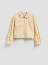 Jeansowa kurtka z kołnierzykiem - żółty. Żółte kurtki damskie Reserved, l, bez wzorów, z denimu, bez kaptura. Za 139.99 zł.