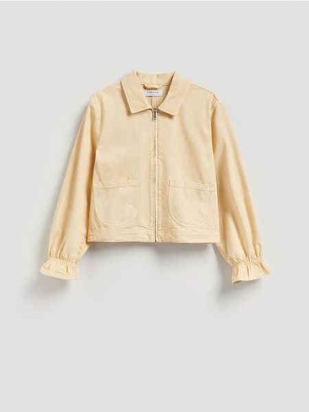 Jeansowa kurtka z kołnierzykiem - żółty. Żółte kurtki damskie Reserved, l, bez wzorów, z denimu, bez kaptura. Za 139.99 zł.