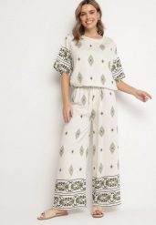 Beżowo-Ciemnozielony Wiskozowy Komplet w Stylu Boho Szerokie Spodnie i Bluzka T-shirt Sarilorae. Zielone spodnie materiałowe damskie Born2be, bez wzorów, z wiskozy, boho. Za 84.99 zł.