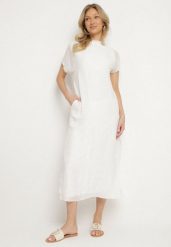 Biała Sukienka Pudełkowa Ozdobiona Wiązaniem Napelira. Białe sukienki damskie Born2be, na co dzień, l, bez wzorów, z jeansu, eleganckie, bez kołnierzyka, bez ramiączek, maxi. Za 89.99 zł.