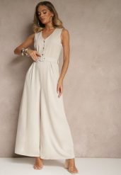 Jasnobeżowy Kombinezon o Taliowanym Kroju z Wiskozą i Paskiem Raliorea. Brązowe kombinezony damskie Renee, bez wzorów, z wiskozy, eleganckie, bez kołnierzyka, bez ramiączek. Za 119.99 zł.