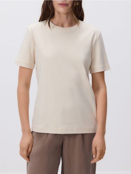 T-shirt z bawełny merceryzowanej - beżowy. Brązowe t-shirty damskie Reserved, l, bez wzorów, z bawełny, bez kołnierzyka. W wyprzedaży za 59.99 zł.