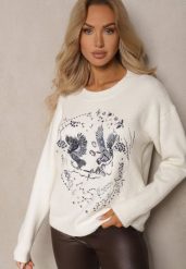Jasnobeżowy Sweter Ozdobiony Haftowanym Wzorem w Ptaki Inarielle. Brązowe swetry klasyczne damskie Renee, bez kołnierzyka. Za 149.99 zł.