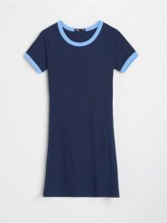 Sukienka mini z kontrastującą lamówką - granatowy. Niebieskie sukienki damskie Sinsay, l, bez wzorów, bez kołnierzyka, bez ramiączek, mini. Za 35.99 zł.