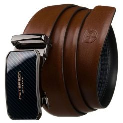 Skórzany pasek męski w brązowym kolorze z automatyczną, srebrną klamrą - Peterson. Brązowe paski męskie Peterson, bez wzorów, ze skóry, eleganckie. Za 109.00 zł.
