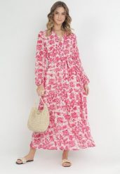 Fuksjowa Sukienka Maxi w Kwiaty z Guzikami i Materiałowym Paskiem Kinzey. Czerwone sukienki damskie Born2be, na co dzień, na lato, l, bez wzorów, z materiału, eleganckie, bez kołnierzyka, bez ramiączek, maxi, rozkloszowane. Za 109.99 zł.