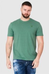 GUESS Zielony t-shirt męski z trójkątnym logo, Rozmiar S. Zielone t-shirty męskie Guess, m, z aplikacjami, bez kołnierzyka. W wyprzedaży za 104.99 zł.