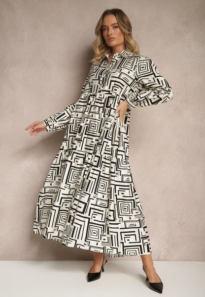 Czarna Rozkloszowana Sukienka z Wiskozą w Geometryczny Print Apirestia. Czarne sukienki damskie Renee, na co dzień, l, bez wzorów, z wiskozy, eleganckie, bez kołnierzyka, bez ramiączek, maxi, proste. Za 129.99 zł.