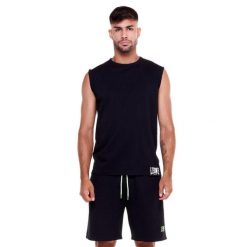 Sportowa koszulka męska bez rękawów. Czarne t-shirty sportowe męskie LEONE 1947 APPAREL, l, z tkaniny, bez ramiączek, na fitness i siłownię. Za 54.73 zł.
