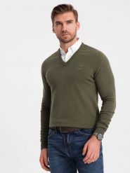 Sweter męski z dekoltem "w serek" z koszulowym kołnierzykiem - ciemnooliwkowy V5 - Rozmiar: S. Zielone swetry męskie Ombre Clothing, m, bez wzorów, z bawełny, bez kołnierzyka. W wyprzedaży za 69.99 zł.