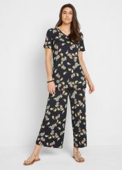 Bluzka i spodnie culotte z lejącej wiskozy (komplet dwuczęściowy). Czarne spodnie materiałowe damskie bonprix, bez wzorów, z wiskozy, eleganckie. Za 149.99 zł.