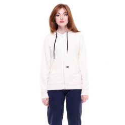 Podstawowa damska bluza z kapturem i zamkiem błyskawicznym. Białe bluzy sportowe damskie LEONE 1947 APPAREL, l, bez wzorów, z tkaniny, bez ramiączek, z kapturem. Za 151.56 zł.