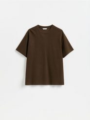 T-shirt boxy w prążek - brązowy. Brązowe t-shirty męskie Reserved, l, bez wzorów, z bawełny, bez kołnierzyka. Za 79.99 zł.