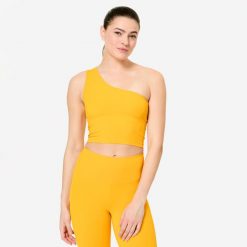 Koszulka fitness damska Domyos bez rękawów. Brązowe bluzki sportowe damskie DOMYOS, m, bez wzorów, z elastanu, bez ramiączek. Za 64.99 zł.