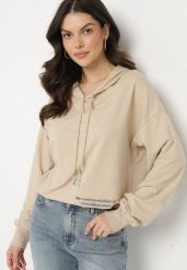 Ciemnobeżowa Bluza z Bawełną i Kapturem Ozdobiona Sznurkami i Cyrkoniami Amoienna. Brązowe bluzy z kapturem damskie Born2be, l, z bawełny. Za 59.99 zł.