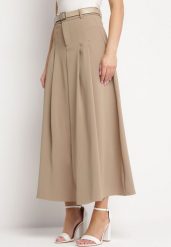 Beżowa Spódnica Rozkloszowana Maxi z Paskiem z Klamrą Sawen. Brązowe spódniczki damskie Born2be, m, bez wzorów, eleganckie, maxi, rozkloszowane. Za 169.99 zł.