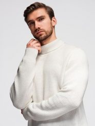 Klasyczny sweter męski z golfem z bawełny - biały V3 - Rozmiar: XXL. Białe swetry męskie Ombre Clothing, m, bez wzorów, z bawełny, bez kołnierzyka. Za 189.99 zł.