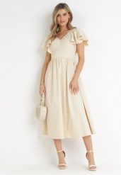 Beżowa Sukienka Midi z Falbanami przy Ramionach Happisa. Brązowe sukienki damskie Born2be, na imprezę, l, bez wzorów, eleganckie, bez kołnierzyka, bez ramiączek, maxi. W wyprzedaży za 95.99 zł.