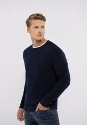 Bawełniany sweter S-BRADY. Niebieskie swetry męskie Volcano, l, z aplikacjami, z bawełny, bez kołnierzyka. Za 159.99 zł.