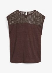 Top z czystego lnu. Czerwone topy damskie bonprix, w ażurowe wzory, ze lnu, bez kołnierzyka. Za 64.99 zł.