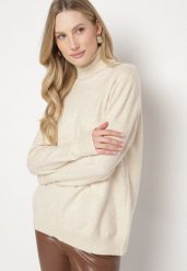 Jasnobeżowy Casualowy Golf z Wełną o Prostym Kroju Reiselia. Brązowe golfy damskie Born2be, uniwersalny, bez wzorów, z bawełny, bez ramiączek. Za 69.99 zł.