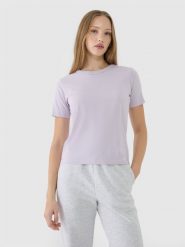 4F T-shirt regular gładki damski - fioletowy XS. Fioletowe t-shirty damskie 4f, xs, bez wzorów, z bawełny, bez kołnierzyka. W wyprzedaży za 29.99 zł.