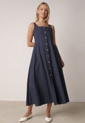 Granatowa Rozkloszowana Sukienka z Bawełną Wiskozą i Guzikami Appeia. Niebieskie sukienki damskie Born2be, na co dzień, m, bez wzorów, z bawełny, klasyczne, bez kołnierzyka, bez ramiączek, maxi, dopasowane. Za 139.99 zł.