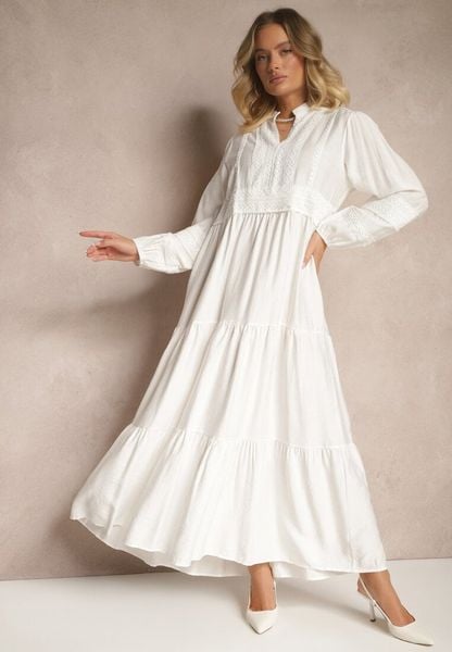 Biała Rozkloszowana Sukienka z Wiskozy w Stylu Boho z Koronką i Gumką Gonalien. Białe sukienki damskie Renee, na co dzień, na lato, m, bez wzorów, z koronki, boho, bez kołnierzyka, bez ramiączek, maxi, rozkloszowane. Za 119.99 zł.