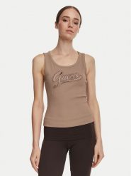 Guess Top W6YP30 K4380 Brązowy jasny Slim Fit. Brązowe topy damskie Guess, xxl, z aplikacjami, z syntetyku, bez kołnierzyka. Za 194.99 zł.