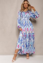 Niebieska Rozkloszowana Sukienka z Elastyczną Gumką w Talii w Stylu Boho Mizza. Niebieskie sukienki damskie Renee, na imprezę, l, bez wzorów, boho, bez kołnierzyka, bez ramiączek, maxi, dopasowane. Za 139.99 zł.
