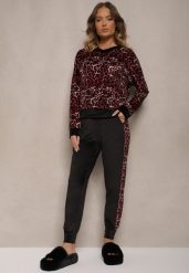 Czerwono-Czarny Komplet Dresowy Welurowy Bluza i Joggery w Panterkę Froliti. Czerwone bluzy bez kaptura damskie Renee, z dresówki. Za 119.99 zł.