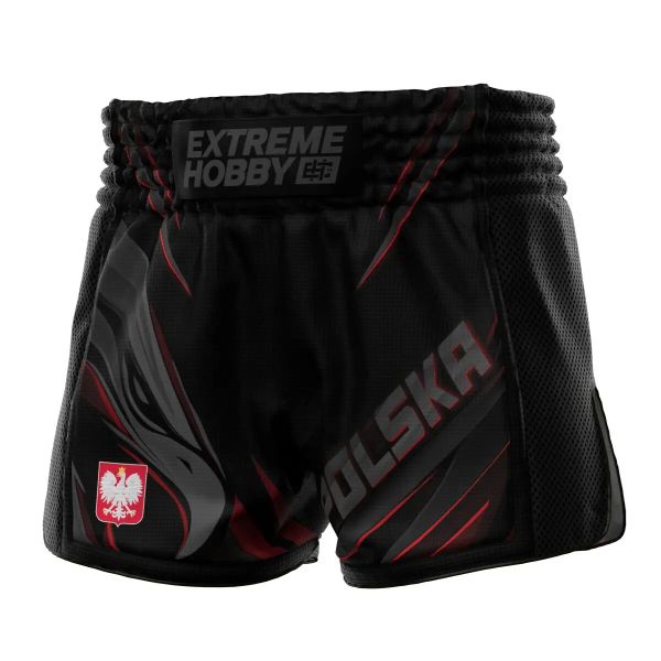 Spodenki Muay Thai męskie EXTREME HOBBY POLSKA ULTIMATE. Czarne szorty męskie EXTREME HOBBY, z materiału, bez kołnierzyka. Za 209.00 zł.