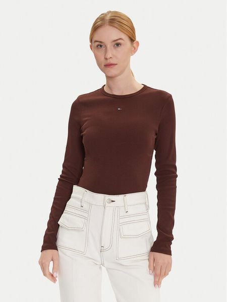 Tommy Jeans Bluzka Essential DW0DW17387 Brązowy Slim Fit. Brązowe bluzki damskie Tommy Jeans, xl, bez wzorów, z bawełny, bez kołnierzyka, bez ramiączek. Za 129.99 zł.