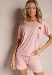 Różowy Komplet Piżamowy Szorty Wykończone Falbanką i Koszula z Nadrukiem Tyrvea. Czerwone piżamy damskie Renee, xl, bez wzorów, bez ramiączek. Za 44.99 zł.