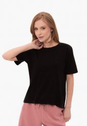 Gładka koszulka, Comfort Fit, T-LENI. Czarne t-shirty damskie Volcano, m, bez wzorów, z bawełny, bez ramiączek. Za 74.99 zł.