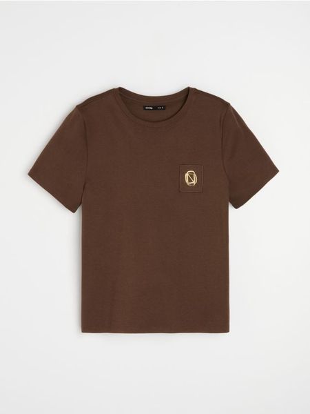 Bawełniana koszulka z krótkim rękawem i błyszczącą aplikacją - brązowy. Brązowe t-shirty damskie Sinsay, l, z aplikacjami, z bawełny, bez kołnierzyka. Za 25.99 zł.
