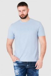 GUESS Błękitny t-shirt męski z wytłaczanym logo. Niebieskie t-shirty męskie Guess, m, z aplikacjami, bez kołnierzyka. W wyprzedaży za 119.99 zł.