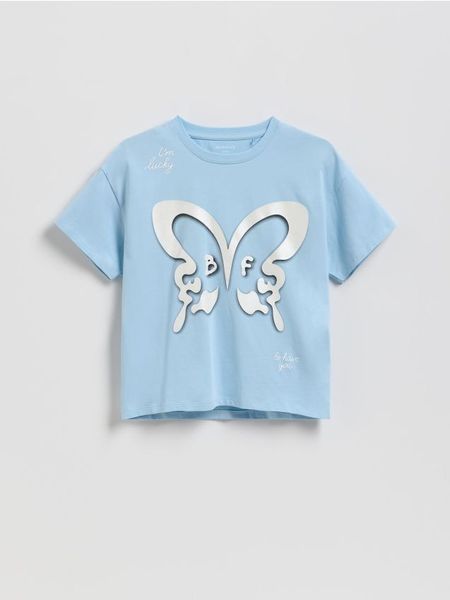 T-shirt z nadrukiem - jasnoniebieski. Niebieskie koszulki dziewczęce Reserved, bez wzorów, z bawełny, bez ramiączek. Za 27.99 zł.