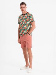 Męskie jeansowe klasyczne szorty z podwiniętą nogawką – koralowe V6 OM-SRDS-0162 - XXL. Pomarańczowe szorty męskie Ombre Clothing, z bawełny, bez kołnierzyka. W wyprzedaży za 49.99 zł.