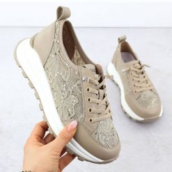 Półbuty damskie sneakersy z koronką beżowe Vinceza 66783. Brązowe półbuty damskie VINCEZA, bez wzorów, z koronki, bez obcasa. Za 103.50 zł.