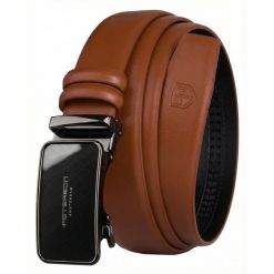 Skórzany, stylowy pasek męski w jasnobrązowym kolorze z automatyczną, czarną klamrą Peterson PTN A013-AB TAN. Brązowe paski męskie Peterson, bez wzorów, ze skóry, eleganckie. Za 59.99 zł.