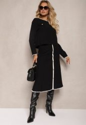 Czarny Komplet z Wiskozą Spódnica z Guzikami Sweter Ozdobiony Kieszonkami Melotha. Czarne swetry klasyczne damskie Renee, na zimę, z dzianiny, bez kołnierzyka. Za 159.99 zł.