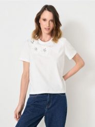 Bawełniana koszulka z aplikacją 3D - biały. Białe t-shirty damskie Sinsay, l, z aplikacjami, z bawełny, bez kołnierzyka. Za 35.99 zł.