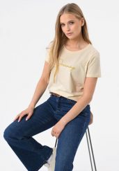 Koszulka z napisem T-DECORE. Białe t-shirty damskie Volcano, m, z aplikacjami, z bawełny, bez kołnierzyka. Za 69.99 zł.