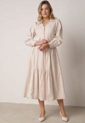 Beżowa Bawełniano-Wiskozowa Sukienka Koszulowa z Imitacją Kieszeni Biriala. Brązowe sukienki damskie Born2be, na co dzień, l, bez wzorów, z bawełny, eleganckie, bez kołnierzyka, bez ramiączek, maxi, koszulowe. Za 149.99 zł.