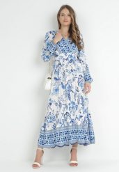 Niebieska Rozkloszowana Sukienka Maxi z Gumkami w Talii i Falbanką Apolla. Niebieskie sukienki damskie Born2be, l, bez wzorów, bez kołnierzyka, bez ramiączek, maxi, kopertowe. W wyprzedaży za 103.99 zł.
